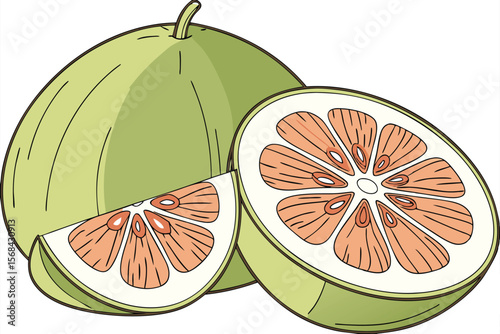  photorealistic, high detail, 4k, detailed close-up shot of green pomelos or pummelos, sliced in half, vibrant colors, realistic texture, natural lighting, detailed segments and rind, elegant compos