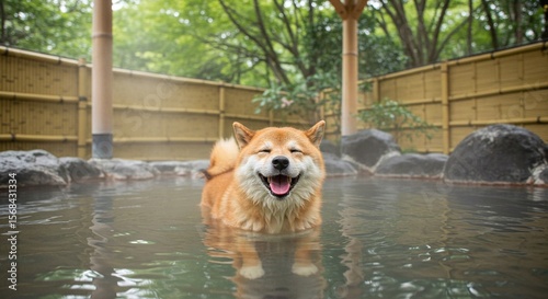 笑顔の柴犬が温泉に浸かって癒される日本の風景