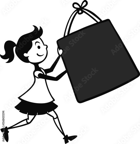 Happy Girl Carrying a Large Bag  Illustration of Child with Shopping Bag