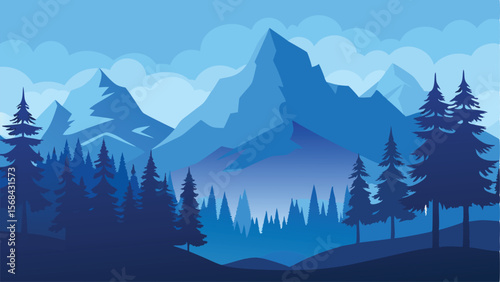Blue Mountain Landscape with Forest Silhouette and Cloudy Sky Vector Illustration Art