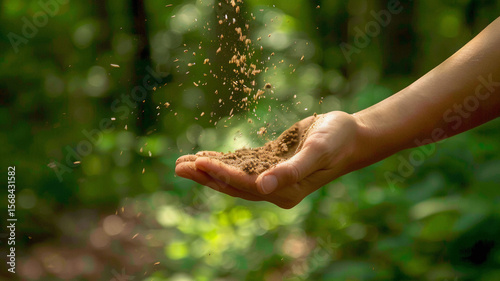 Hand releasing a handful of soil or dirt, with particles falling and scattering downwards on a blur outdoor nature bohek light background. Farmer holding soil, soil health, planting, organic farming  photo