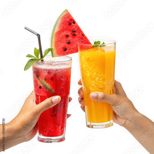 Two hands clinking glasses of refreshing watermelon and orange drinks with fruit garnishes