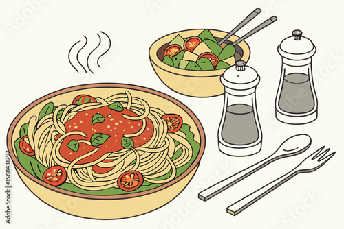 pasta dish with tomato sauce and herbs, green salad with vegetables, salt and pepper shakers, utensils