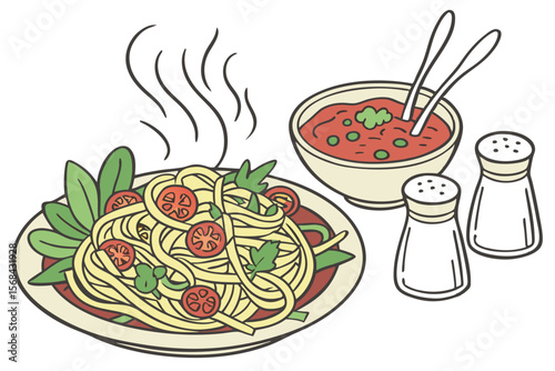 pasta dish with tomato sauce and herbs, green salad with vegetables, salt and pepper shakers, utensils