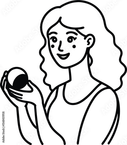 Woman Examining a Smooth, Perfect Sphere Line Art Illustration
