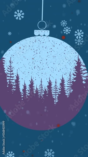 Animation of snow falling over christmas bauble with trees on blue background