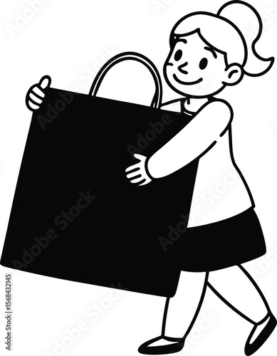 Happy Girl Carrying Large Shopping Bag Illustration