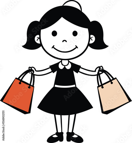 Happy Little Girl with Shopping Bags Cute Cartoon Illustration