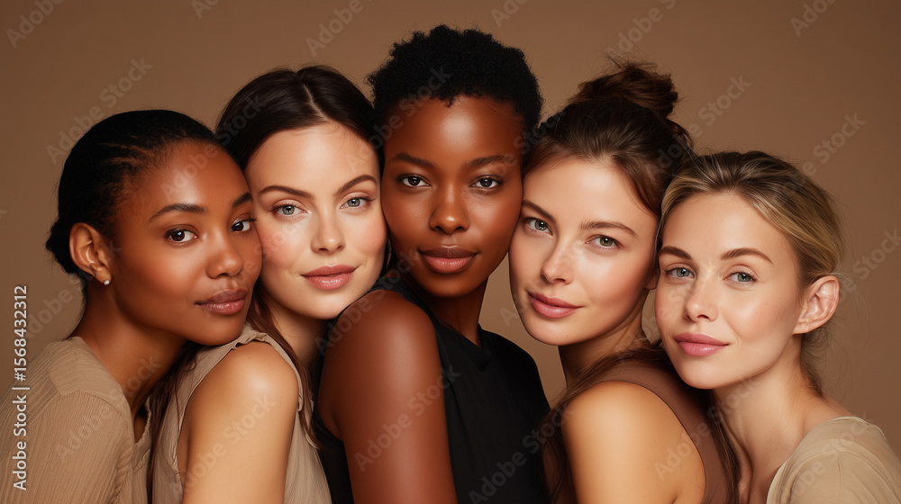 Obraz premium Multicultural models showing confidence and harmony in beauty shot diverse beauty standards, empowering women, skincare diversity, cosmetic models, unity in diversity, feminine por