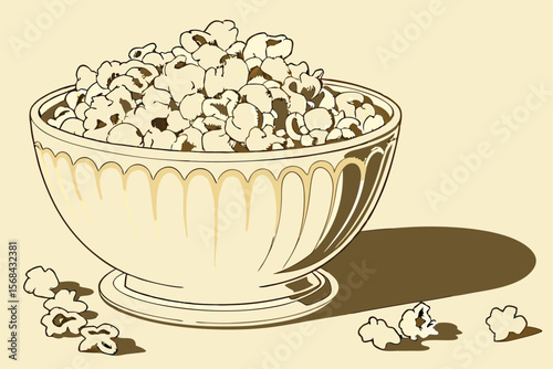 porcelain bowl filled with fluffy white popcorn kernels, cinematic lighting, detailed, high resolution, intricate details, golden tones, ultrarealistic
