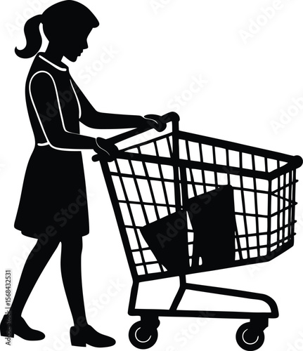 Silhouette of a Girl Pushing a Shopping Cart Consumerism and Retail Illustration
