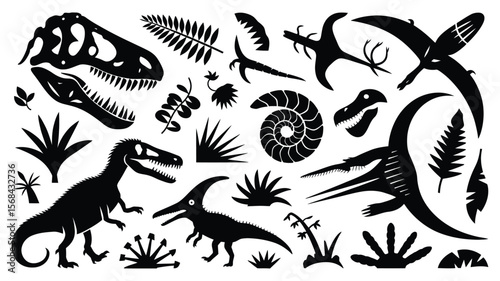 Fossil Vector Set – Vintage Black Silhouettes of Dinosaur Tracks, Fish Skeletons, Sea Animals, Plants, and Shells for Paleontology, Archeology, and Prehistoric History Designs


