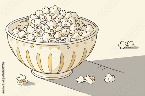 porcelain bowl filled with fluffy white popcorn kernels, cinematic lighting, detailed, high resolution, intricate details, golden tones, ultrarealistic