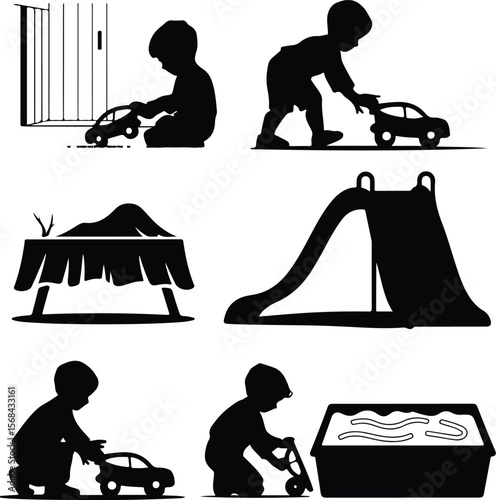 Toddler Playing with Toy Car Icon – Childhood Silhouette Pack Boy with Toy Car Silhouette Set – Cute Kids Playing Vector Icons