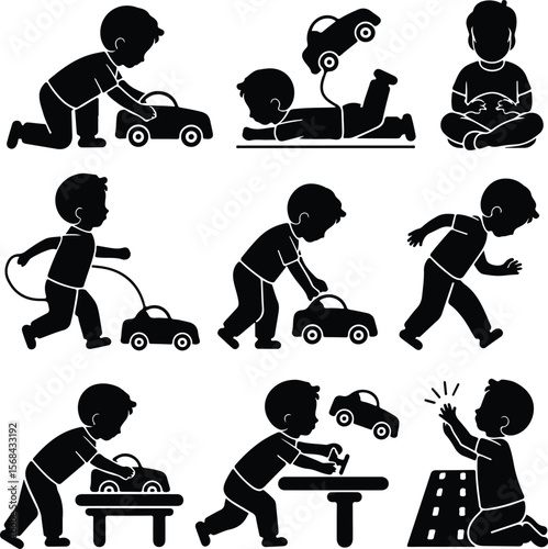 Toddler Playing with Toy Car Icon – Childhood Silhouette Pack Boy with Toy Car Silhouette Set – Cute Kids Playing Vector Icons