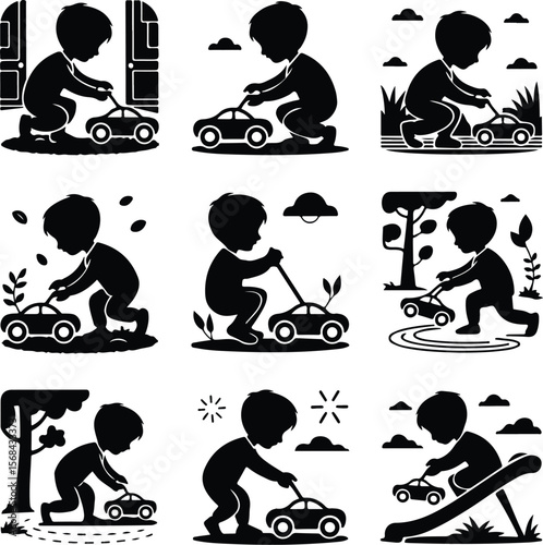 Toddler Playing with Toy Car Icon – Childhood Silhouette Pack Boy with Toy Car Silhouette Set – Cute Kids Playing Vector Icons