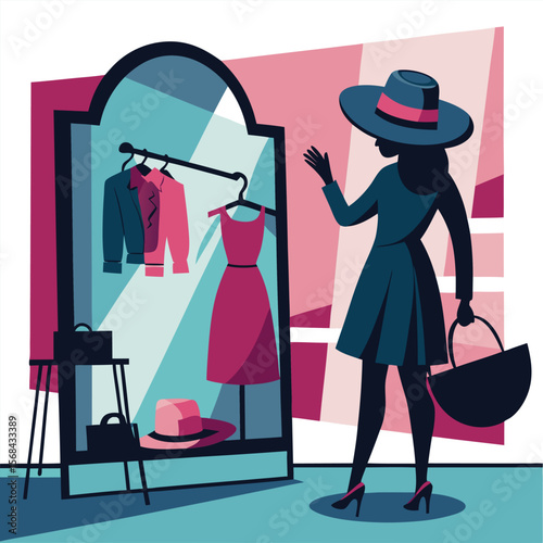 Stylish Woman Admiring Her Reflection in a Dressing Room Mirror