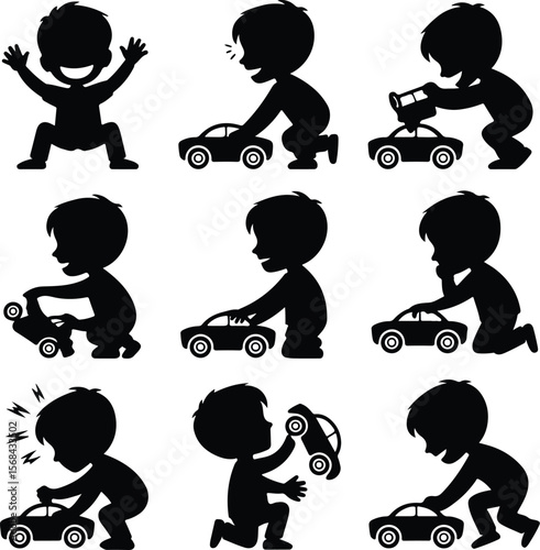 Toddler Playing with Toy Car Icon – Childhood Silhouette Pack Boy with Toy Car Silhouette Set – Cute Kids Playing Vector Icons