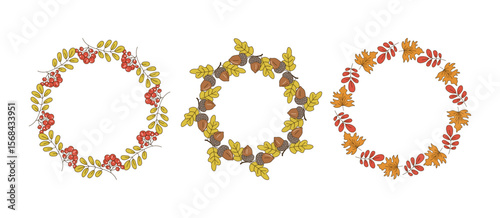 Round frame set, banner autumn. Leaves, acorns, berries, wreath, leaf fall, doodles, drawings. Natural botanical background.