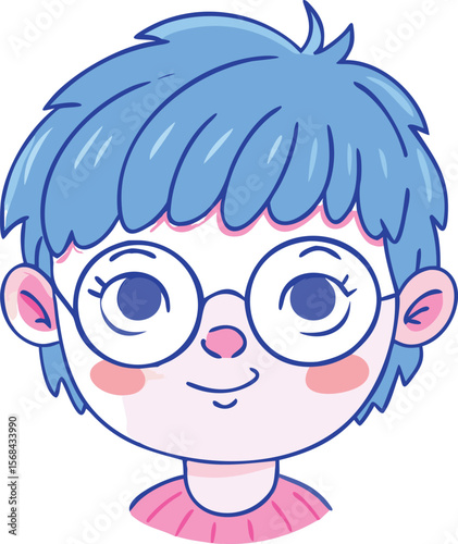 Cute Cartoon Boy with Blue Hair and Glasses