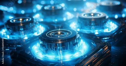 Futuristic Digital Circuit Board with Glowing Blue Lights and Cogs