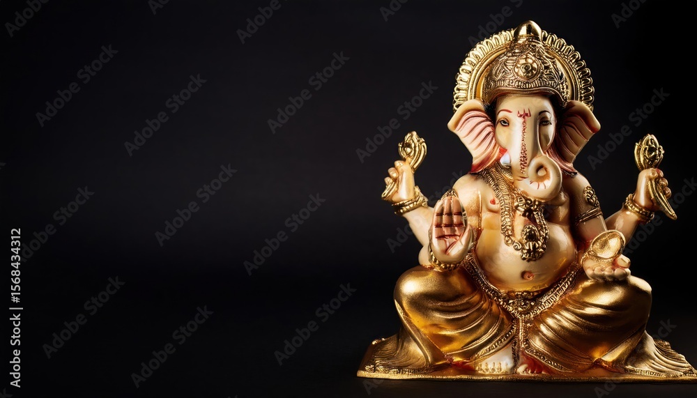 Fototapeta premium Gold Ganesha in Sitting Pose on Dark Black Background