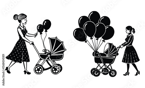 Modern Abstract Illustration of Mom with Baby Stroller and Balloon.

