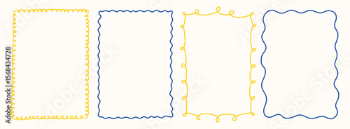 Whimsical hand drawn Italian borders. Blue, yellow postcard stamp set. Vintage Italy summer frames. Minimal mediterranean elements for menu, wedding, invitation. Doodle Isolated vector illustration.