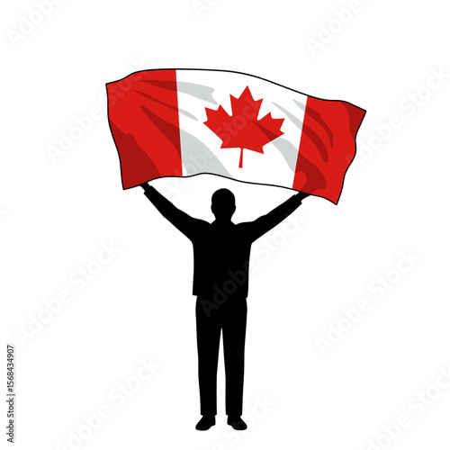 Silhouette of man holding Canadian flag in celebration  