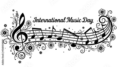 Floral musical notes and treble clef with text International Music Day, elegant black and white vector design, concept for global music celebration