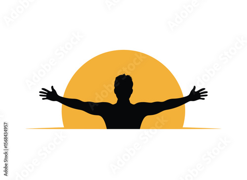 Silhouette man with open arms in front of sun logo design. icon vector in black and yellow color on white background.