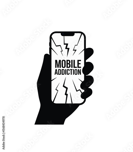 Mobile addiction vector in black and white color on white background.