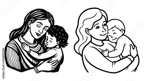 Print Clean Line Art Vector Icon Collection of a Mother with Her Baby