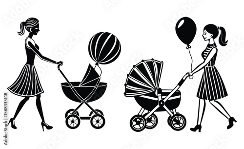 Abstract Mother Walking with Baby Stroller and Balloon Vector Illustration.