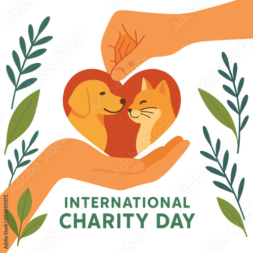 International Charity Day illustration with hands holding heart, dog and cat – animal protection and donation concept