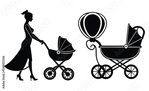 Abstract Illustration of Mother Walking with Baby Stroller and Balloon Minimal Modern Style.