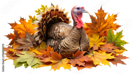 Turkey Surrounded by Autumn Leaves on Transparent Background turkey surrounded