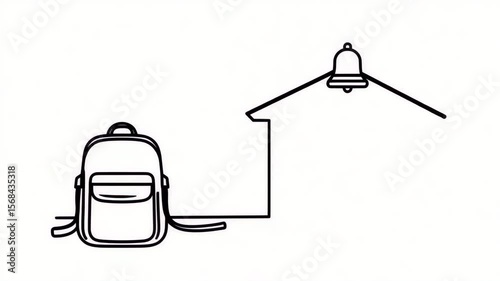 Line art drawing of a backpack and school building with bell, in minimalist style.