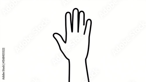 Line art raised hand drawing of a hand on white background. Line art raised hand is a minimalist outline, simply drawn with basic design showing five fingers, palm and part of an arm.