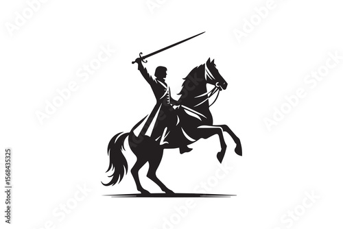 Silhouette of a mounted knight holding a sword aloft, depicted in dynamic posture. The horse is rearing, suggesting motion and energy, while the knight wears a uniform, indicating a military theme. Th