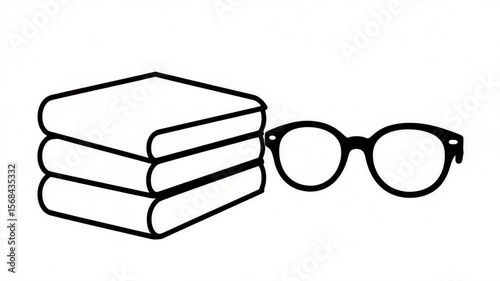 Line art drawing of stacked books and glasses, representing studying in simple black and white.