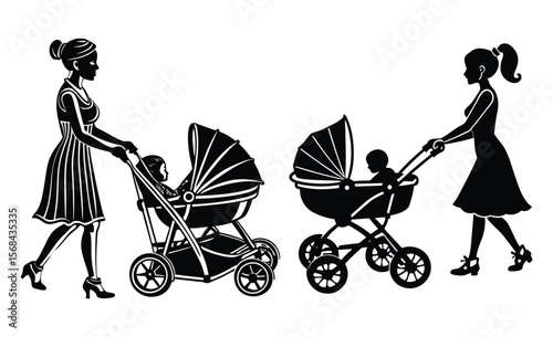 Abstract Illustration of Mother Walking with Baby Stroller and Balloon Minimal Modern Style.