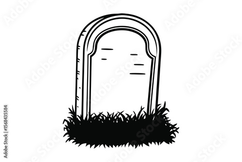 A simple illustration of a gravestone, featuring a tall, arched top and rectangular base, surrounded by unruly grass. The gravestone is depicted in black outline against a white background, giving it 
