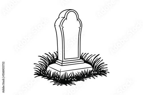 A simple illustration of a gravestone, featuring a tall, arched top and rectangular base, surrounded by unruly grass. The gravestone is depicted in black outline against a white background, giving it 