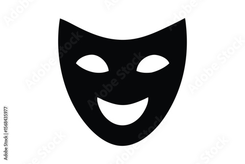 A simple black silhouette of a theatrical mask with a smiling expression, featuring large, oval eye openings. The mask has a smooth, curved upper edge and a wide, rounded lower edge