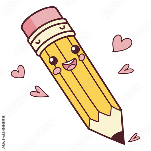 Print Happy Cartoon Pencil Character with Hearts for Back to School Season Graphic