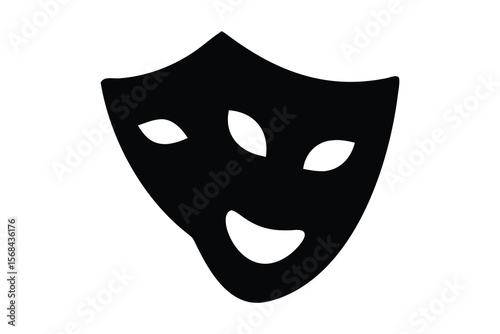 A simple black silhouette of a theatrical mask with a smiling expression, featuring large, oval eye openings. The mask has a smooth, curved upper edge and a wide, rounded lower edge