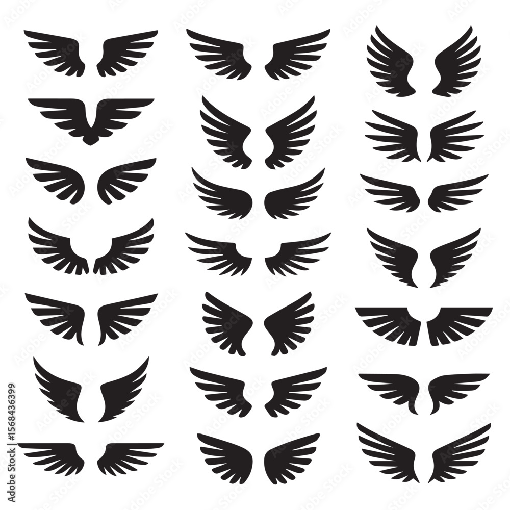 Fototapeta premium Various black wing silhouettes isolated on white background
