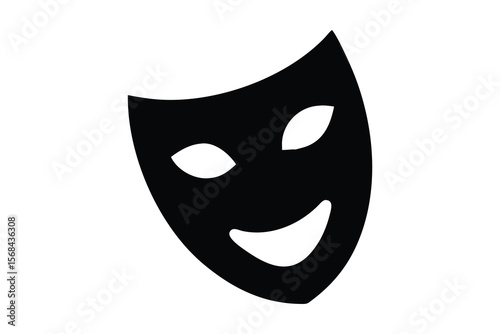 A simple black silhouette of a theatrical mask with a smiling expression, featuring large, oval eye openings. The mask has a smooth, curved upper edge and a wide, rounded lower edge