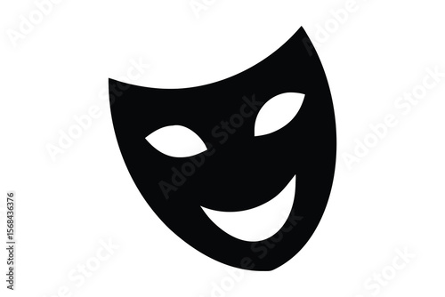 A simple black silhouette of a theatrical mask with a smiling expression, featuring large, oval eye openings. The mask has a smooth, curved upper edge and a wide, rounded lower edge